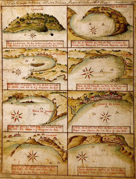 Vintage Maps 아티스트의 Ports and Island on the Coast of Peru and Chile 1630 Portuguese Map 작품