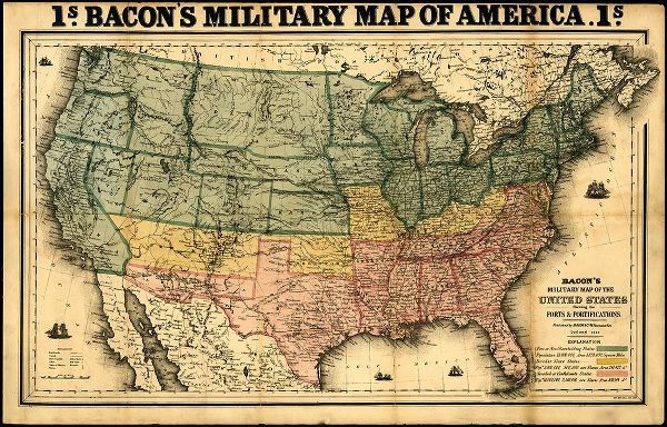 Vintage Maps 아티스트의 Bacons military map of the United States showing the forts and fortifications 1862 작품