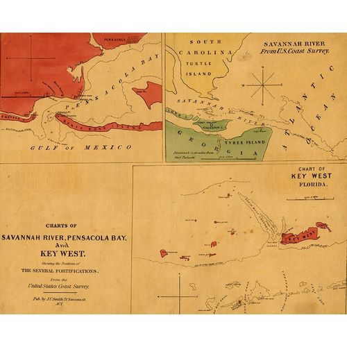 Vintage Maps 아티스트의 Charts of Savannah River Pensacola Bay and Key West Showing the positions of the several fortificati 작품