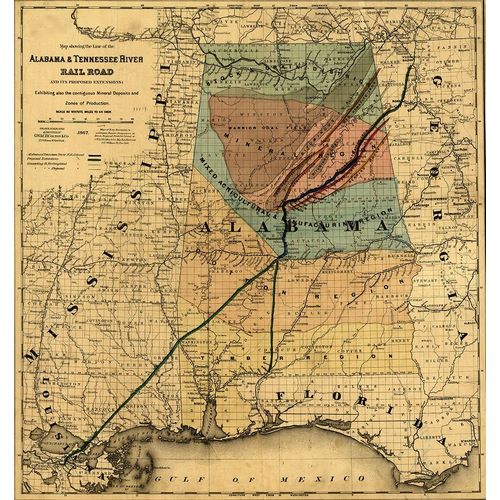 Vintage Maps 아티스트의 Alabama and Tennessee River Rail Road 1867 작품