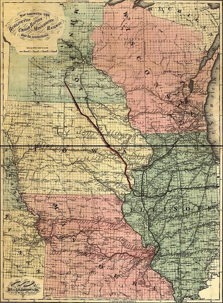 Vintage Maps 아티스트의 Burlington Cedar Rapids and Minnesota Railway 1868 작품