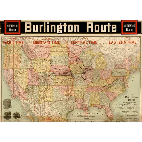 Vintage Maps 아티스트의 Burlington Route with Time Zones 1892 작품