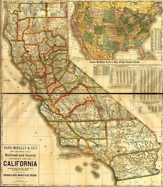 Vintage Maps 아티스트의 Railroad and county map of California showing every railroad station and post office 1883 작품