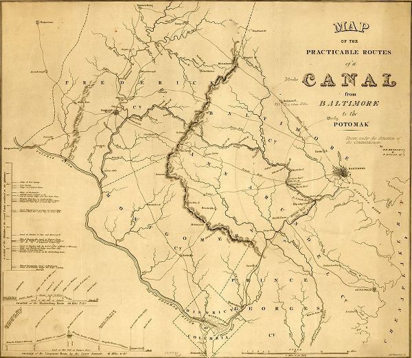 Vintage Maps 아티스트의 Practicable routes of a canal from Baltimore to the Potomac 1838 작품