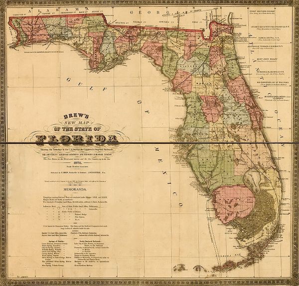 Vintage Maps 아티스트의 Florida Railway and Township Map 1874 작품