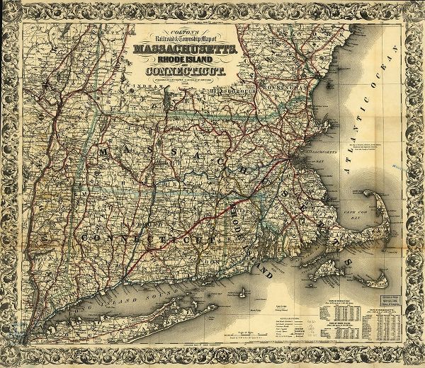 Vintage Maps 아티스트의 Massachusetts Rhode Island and Connecticut 1853 작품
