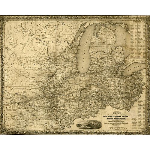 Vintage Maps 아티스트의 Ohio Michigan Indiana Illinois Missouri Wisconsin and Iowa 1840 작품