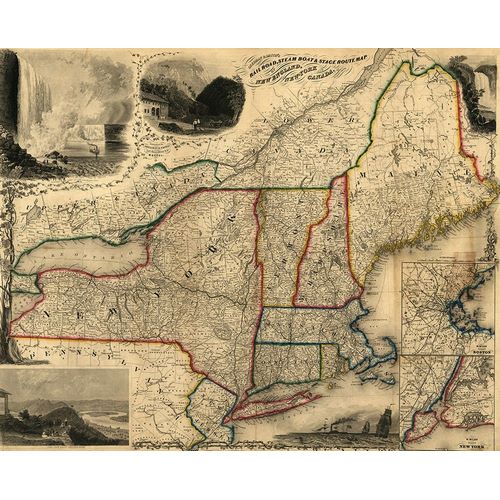 Vintage Maps 아티스트의 Railroad steam boat and stage route map of New England New York and Canada 1850 작품