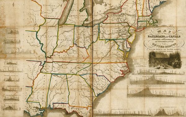 Vintage Maps 아티스트의 Railroads and canals finished unfinished and in contemplation in the United States 1834 작품