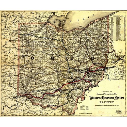 Vintage Maps 아티스트의 Wheeling and Cincinnati Mineral Railway 1882 작품