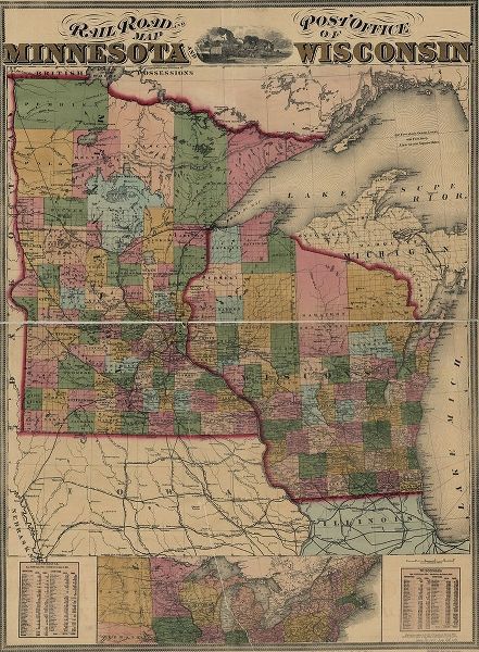 Vintage Maps 아티스트의 Railroad and post office map of Minnesota and Wisconsin 1871 작품