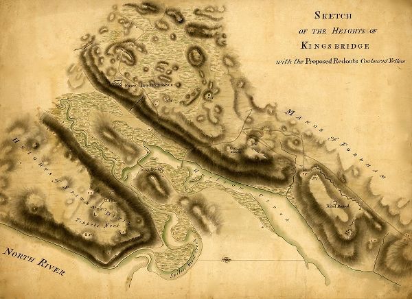 Vintage Maps 아티스트의 Sketch of the Heights of Kingsbridge with the proposed redoubts colored yellow 1777 작품