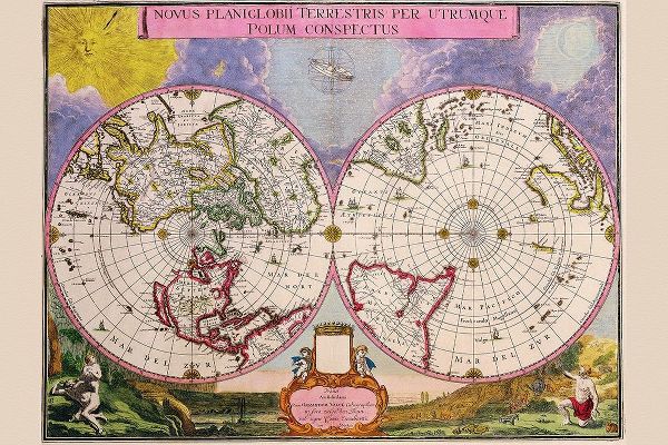 Blaeu, Joan 아티스트의 Novus Planiglobii Terrestris Per Utrumque Polum Conspectus Stereographic Map of the World 작품