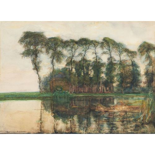 Mondrian, Piet 아티스트의 Farmstead along the water screened by nine tall trees 작품