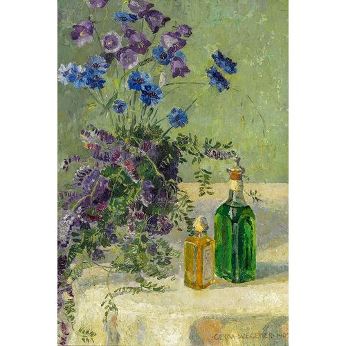 Wegener, Gerda 아티스트의 Still life with blue flowers and two bottles on a table작품입니다.